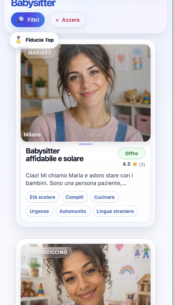 Esempi di annunci e profili disponibili su MyLocalCare